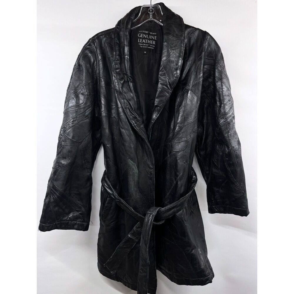 Maxam Women's Size M Italian Leather Patchwork/Mosaic Black Belted Trench Coat